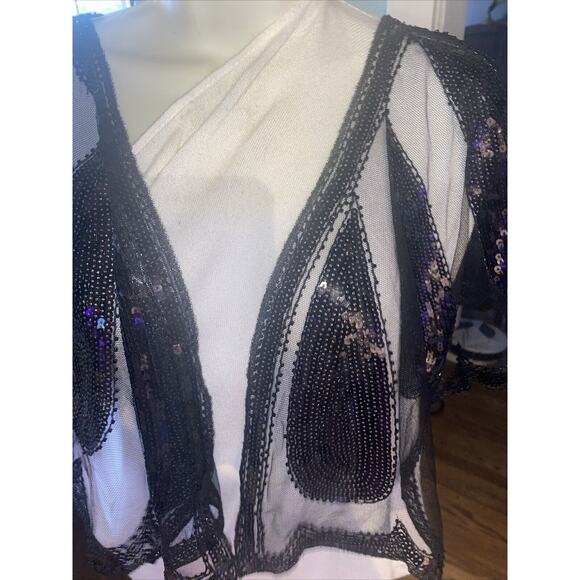 Vintage Sequin Black Poncho Butterfly Teardrop Womens Cropped Art Deco Scalloped - Picture 15 of 16